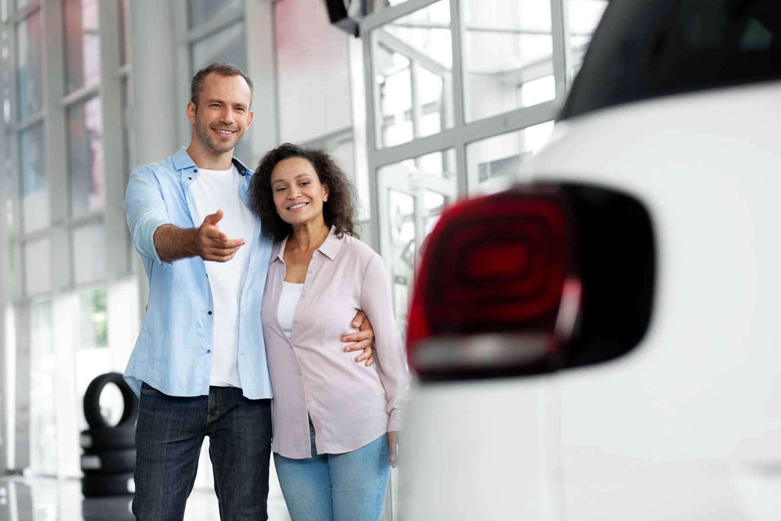 A couple choosing a car at a dealership